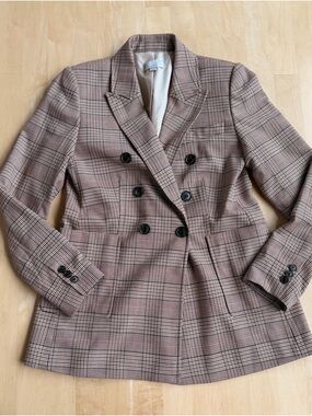 LOFT Double-Breasted Plaid Blazer in Brown